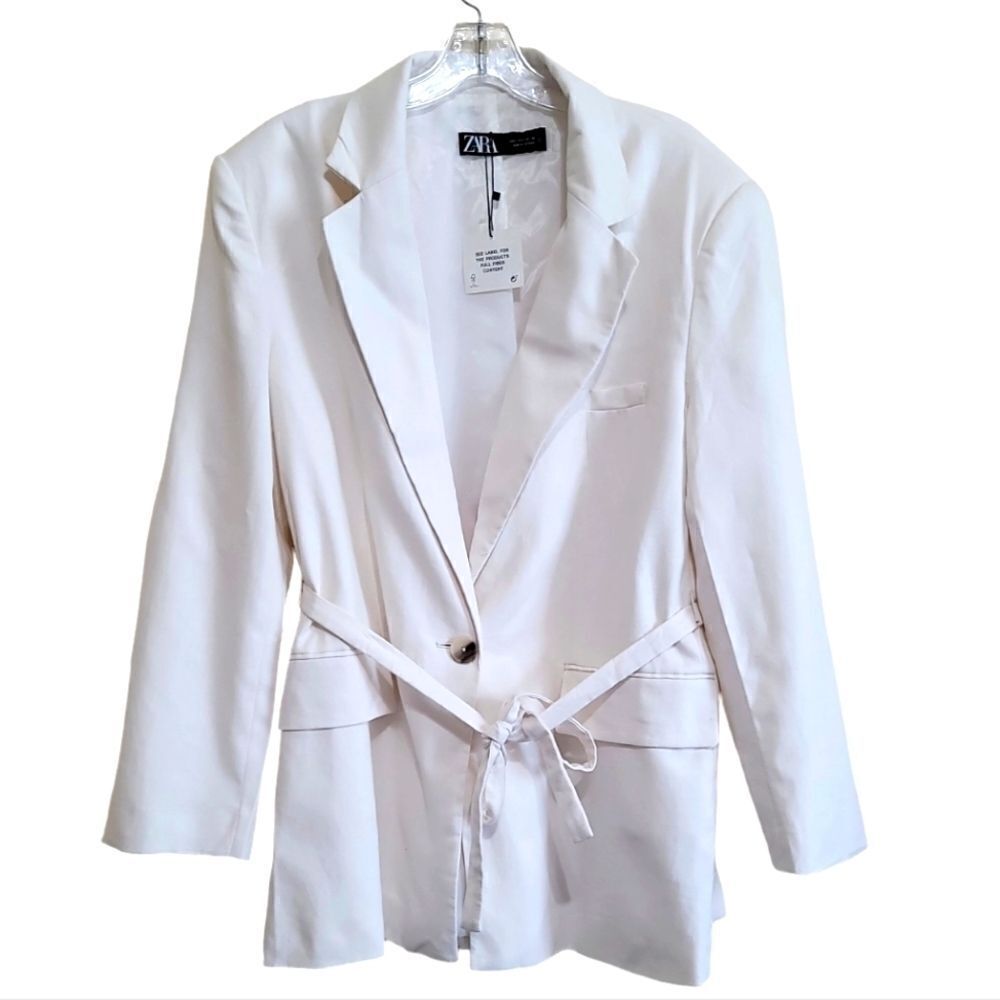 Zara Women's Cream Belted LinenBlend Blazer Jacket Sz Large NWT